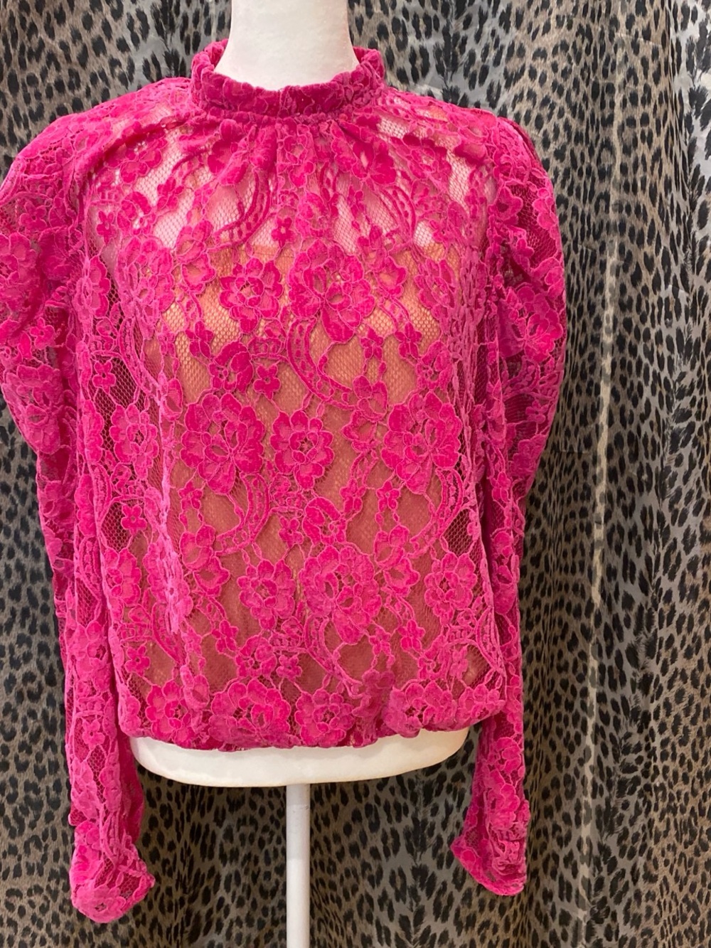 Sheer Floral Lace Mock-Neck Top - Hot Pink